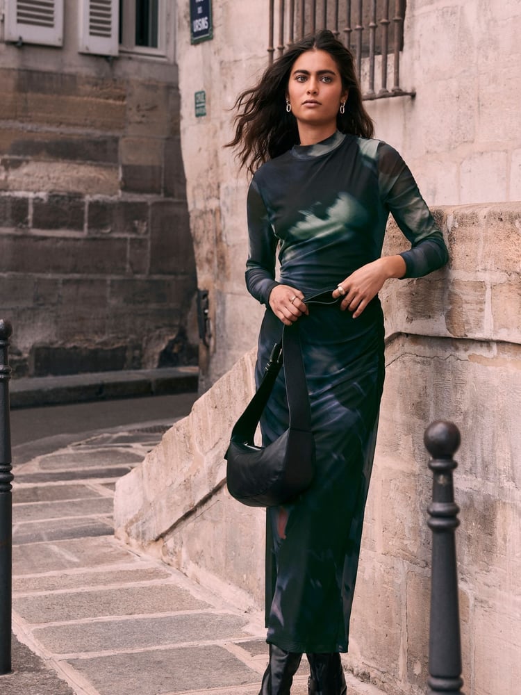 Mint Velvet Black Black Print Mesh Midi Dress - Image 1 of 6