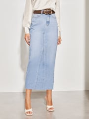 Lipsy Mid Wash Blue Petite Denim High Waist Maxi Skirt - Image 1 of 4