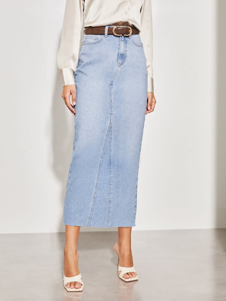 Lipsy Mid Wash Blue Petite Denim High Waist Maxi Skirt - Image 1 of 4