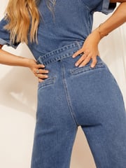 Friends Like These Blue Short Sleeve Denim Wide Leg Jumpsuit - Image 4 of 4