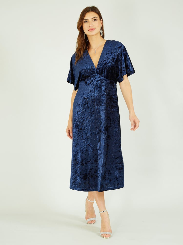 Yumi Blue Velvet Kimono Midi Dress - Image 1 of 5