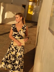 Ecru/Yellow Lemon Print Sleeveless V-Neck Belted Maxi Dress - Image 1 of 5