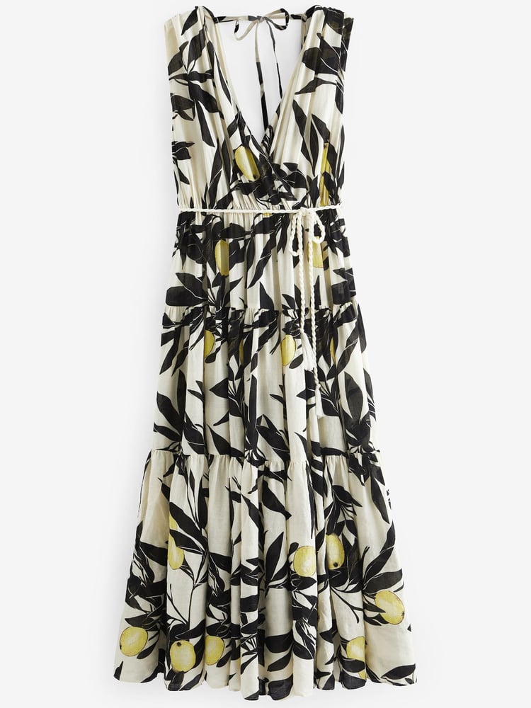 Ecru/Yellow Lemon Print Sleeveless V-Neck Belted Maxi Dress - Image 5 of 5