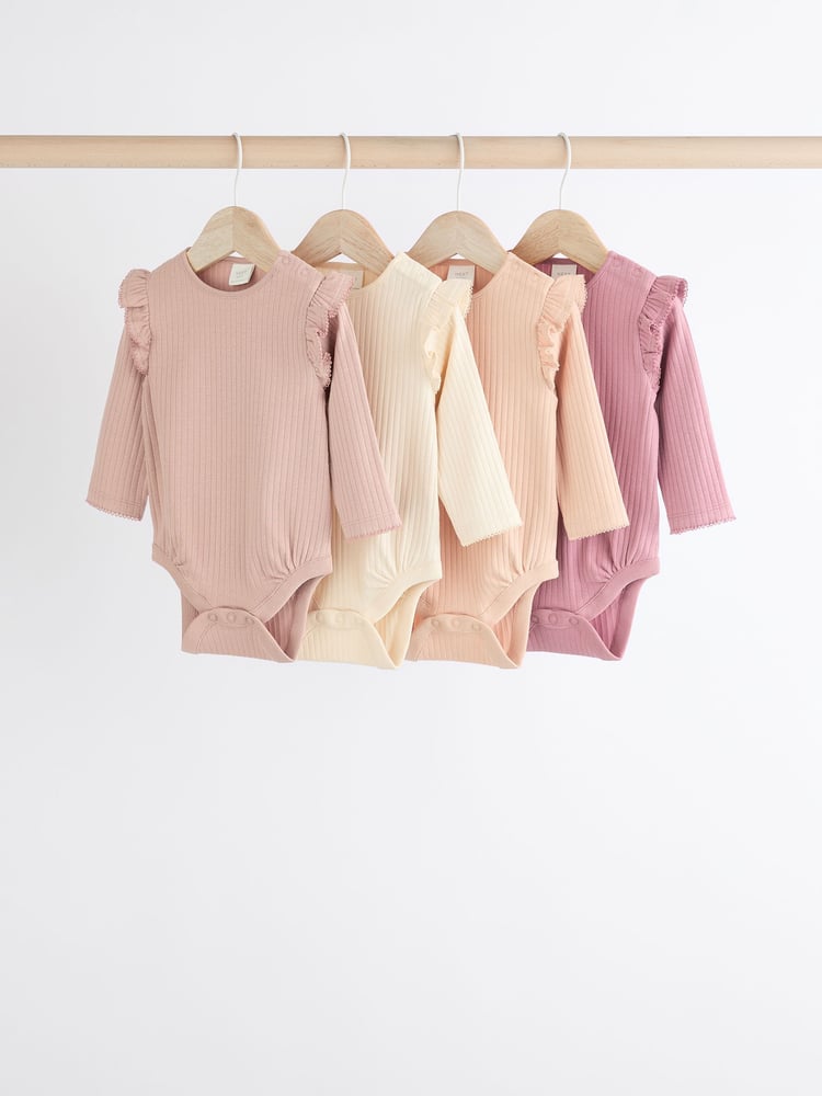 Pink/Cream Baby Long Sleeve Frill Bodysuits 4 Pack (0mths-2yrs) - Image 1 of 11