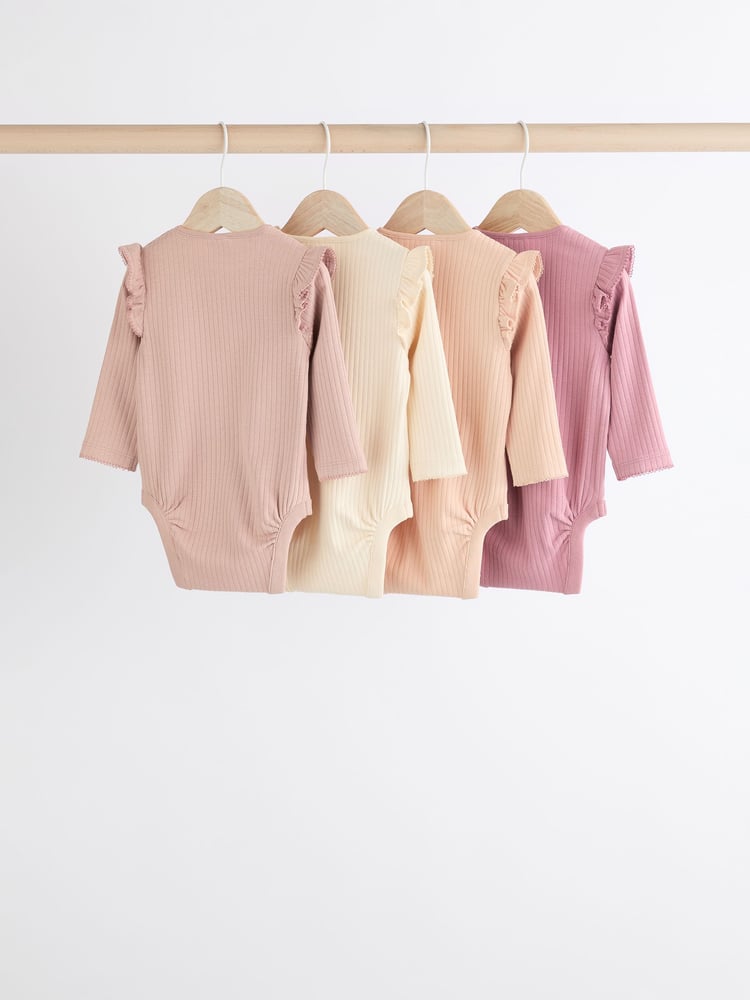 Pink/Cream Baby Long Sleeve Frill Bodysuits 4 Pack (0mths-2yrs) - Image 2 of 11