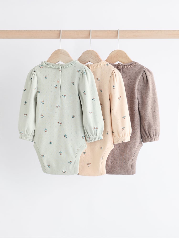 Sage Green/ Tan Brown Floral Baby Long Sleeve 100% Cotton Bodysuits 3 Pack - Image 1 of 10