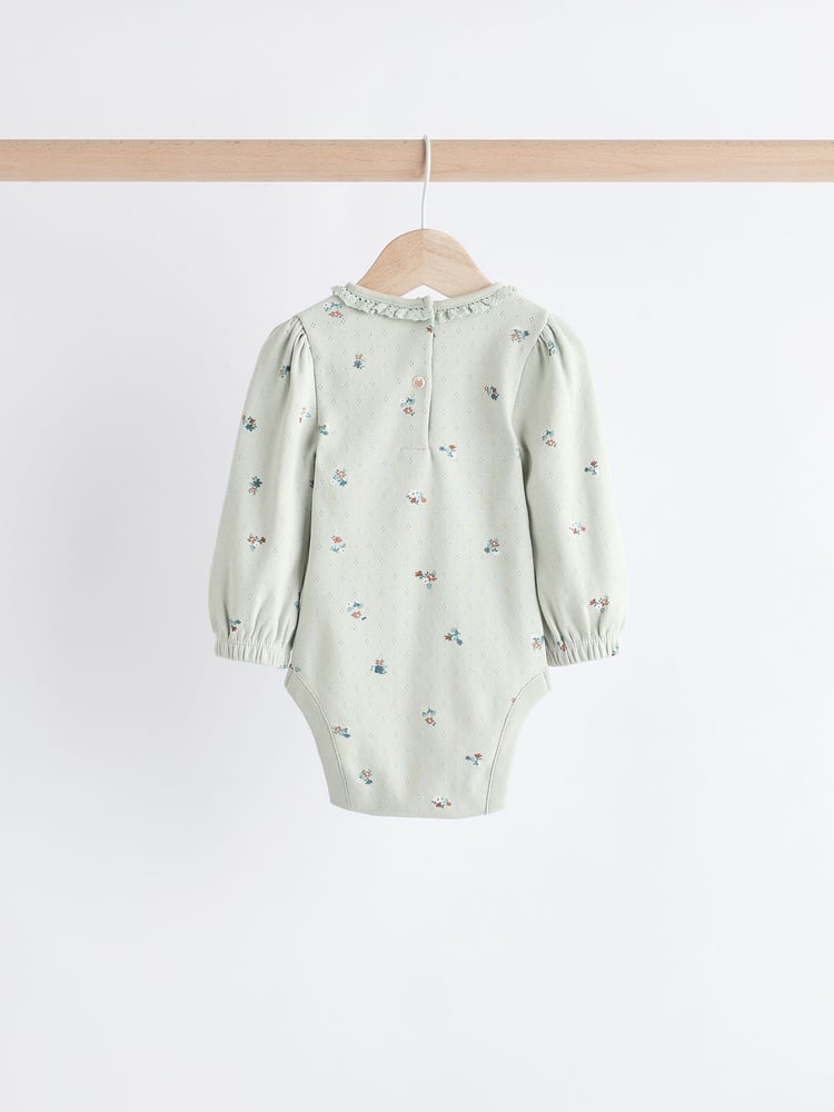 Sage Green/ Tan Brown Floral Baby Long Sleeve 100% Cotton Bodysuits 3 Pack - Image 2 of 10
