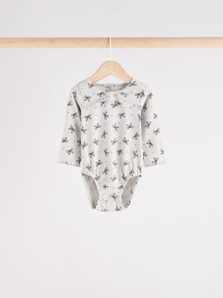 Grey Bow Neckline Baby Long Sleeve 100% Cotton Bodysuits 3 Pack - Image 2 of 10