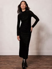 Mint Velvet Black Velvet Devoré Midi Dress - Image 1 of 4