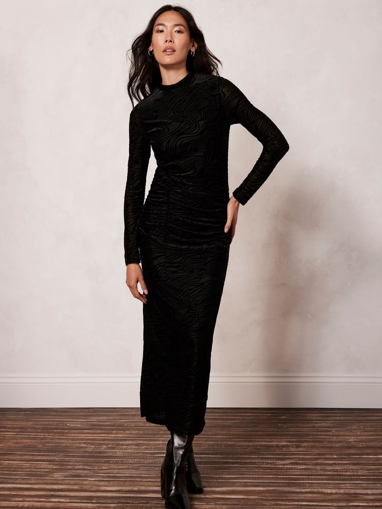 Mint Velvet Black Velvet Devoré Midi Dress - Image 1 of 4
