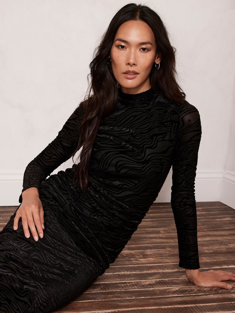 Mint Velvet Black Velvet Devoré Midi Dress - Image 2 of 4