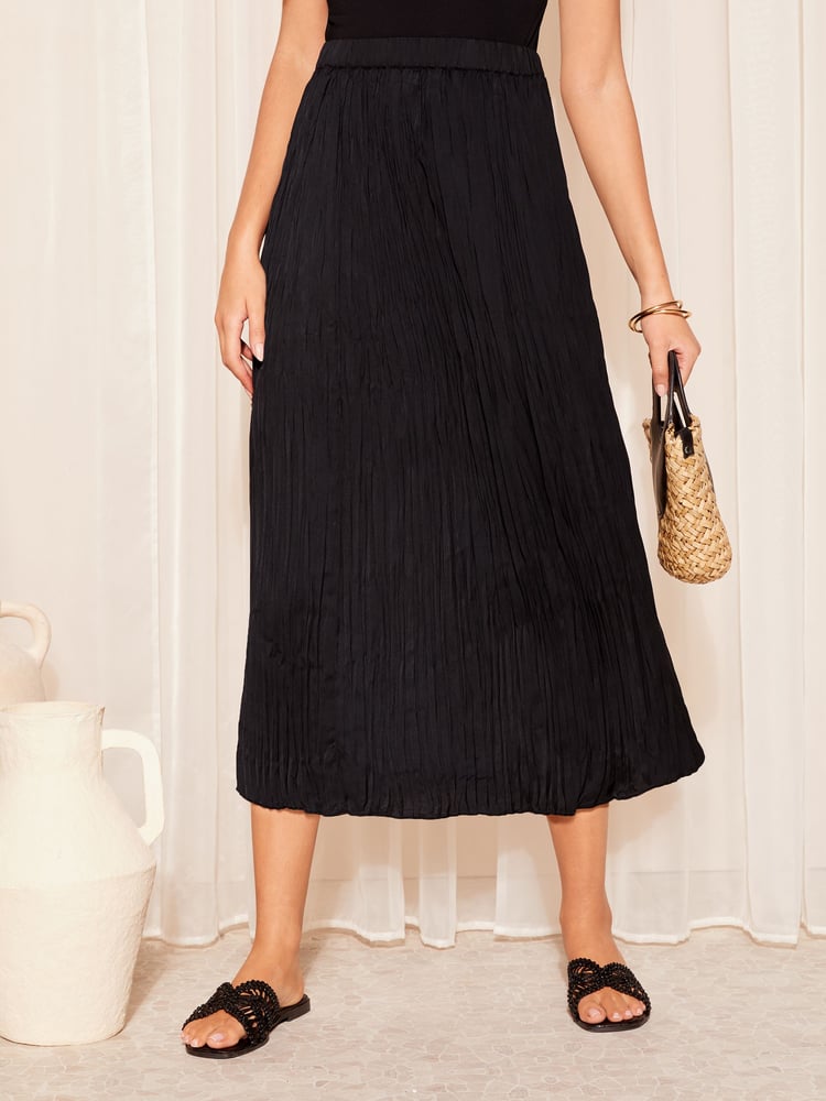 Friends Like These Black Soft Crinkle Satin Midi Skirt - Image 1 of 4 Friends Like These Black Soft Crinkle Satin Midi Skirt - Image 1 of 4