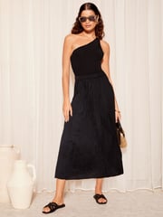 Friends Like These Black Soft Crinkle Satin Midi Skirt - Image 3 of 4