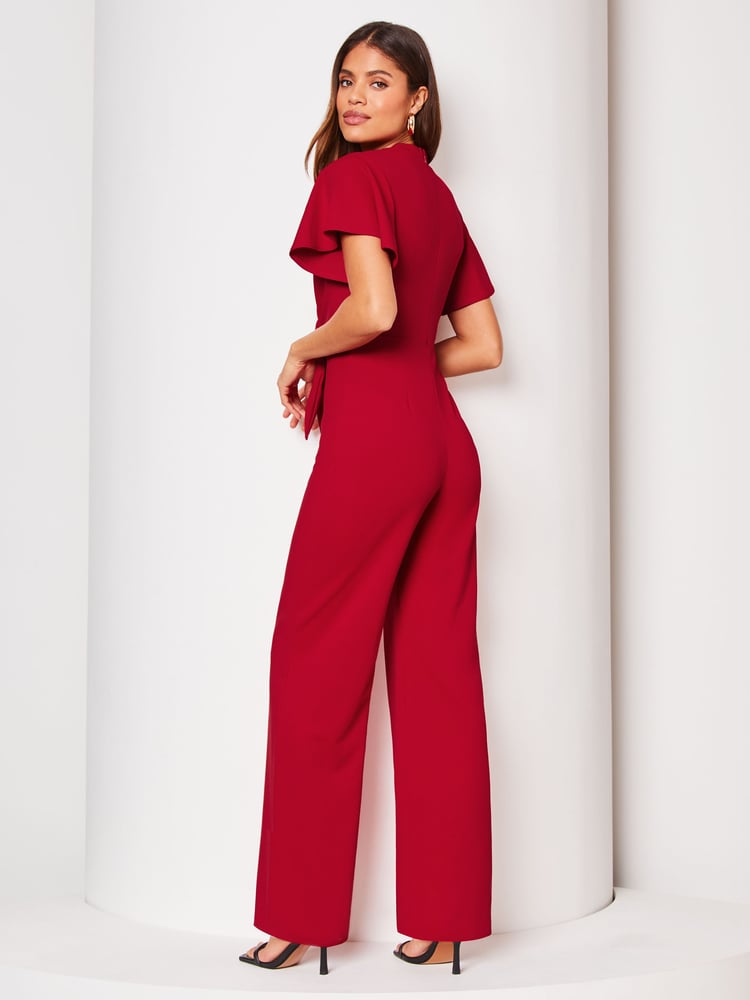 Lipsy Red Flutter Sleeve V Neck Tie Front Wide Leg Jumpsuit - Image 2 of 4 Lipsy Red Flutter Sleeve V Neck Tie Front Wide Leg Jumpsuit - Image 2 of 4