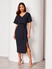 Lipsy Navy Blue Petite V Neck Flutter Sleeve Belted Midi Dress - Image 1 of 4