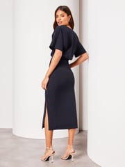 Lipsy Navy Blue Petite V Neck Flutter Sleeve Belted Midi Dress - Image 2 of 4