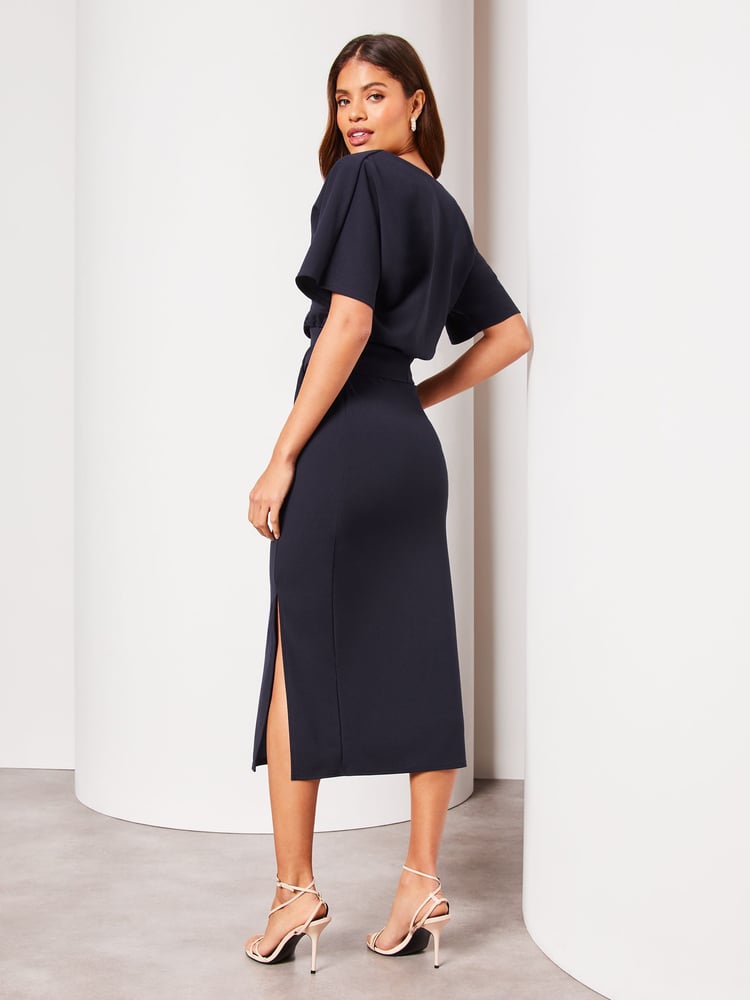 Lipsy Navy Blue Petite V Neck Flutter Sleeve Belted Midi Dress - Image 2 of 4 Lipsy Navy Blue Petite V Neck Flutter Sleeve Belted Midi Dress - Image 2 of 4