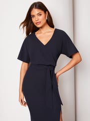 Lipsy Navy Blue Petite V Neck Flutter Sleeve Belted Midi Dress - Image 3 of 4