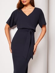 Lipsy Navy Blue Petite V Neck Flutter Sleeve Belted Midi Dress - Image 4 of 4