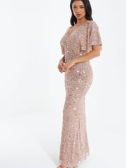 Quiz Pink Sequin V Neck Batwing Maxi Dress - Image 4 of 5