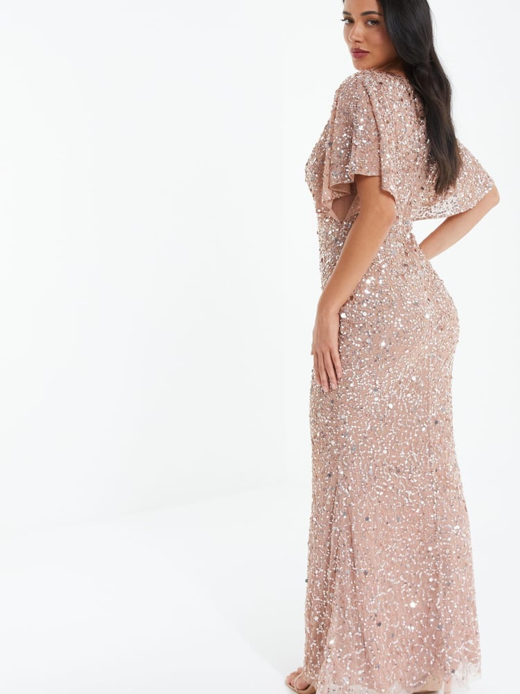 Quiz Pink Sequin V Neck Batwing Maxi Dress - Image 5 of 5