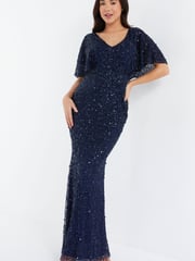 Quiz Navy Blue Sequin V Neck Batwing Maxi Dress - Image 1 of 4
