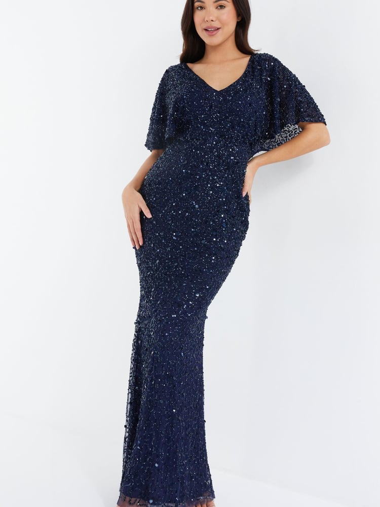 Quiz Navy Blue Sequin V Neck Batwing Maxi Dress - Image 1 of 4