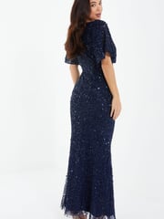 Quiz Navy Blue Sequin V Neck Batwing Maxi Dress - Image 2 of 4