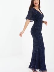 Quiz Navy Blue Sequin V Neck Batwing Maxi Dress - Image 3 of 4