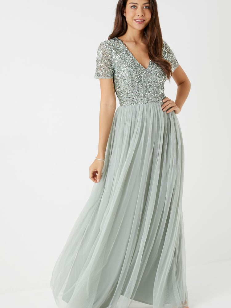 Maya Sage-Green Petite V Neck Short Sleeve Sequin Maxi Dress - Image 1 of 4 Maya Sage-Green Petite V Neck Short Sleeve Sequin Maxi Dress - Image 1 of 4