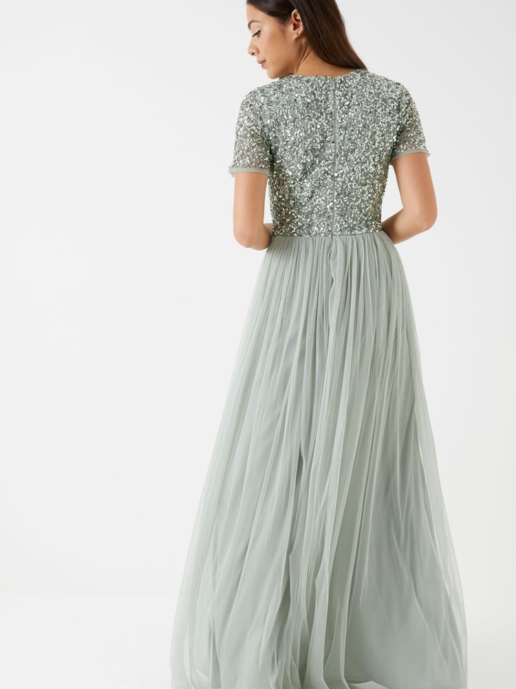 Maya Sage-Green Petite V Neck Short Sleeve Sequin Maxi Dress - Image 2 of 4 Maya Sage-Green Petite V Neck Short Sleeve Sequin Maxi Dress - Image 2 of 4