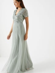 Maya Sage-Green Petite V Neck Short Sleeve Sequin Maxi Dress - Image 3 of 4