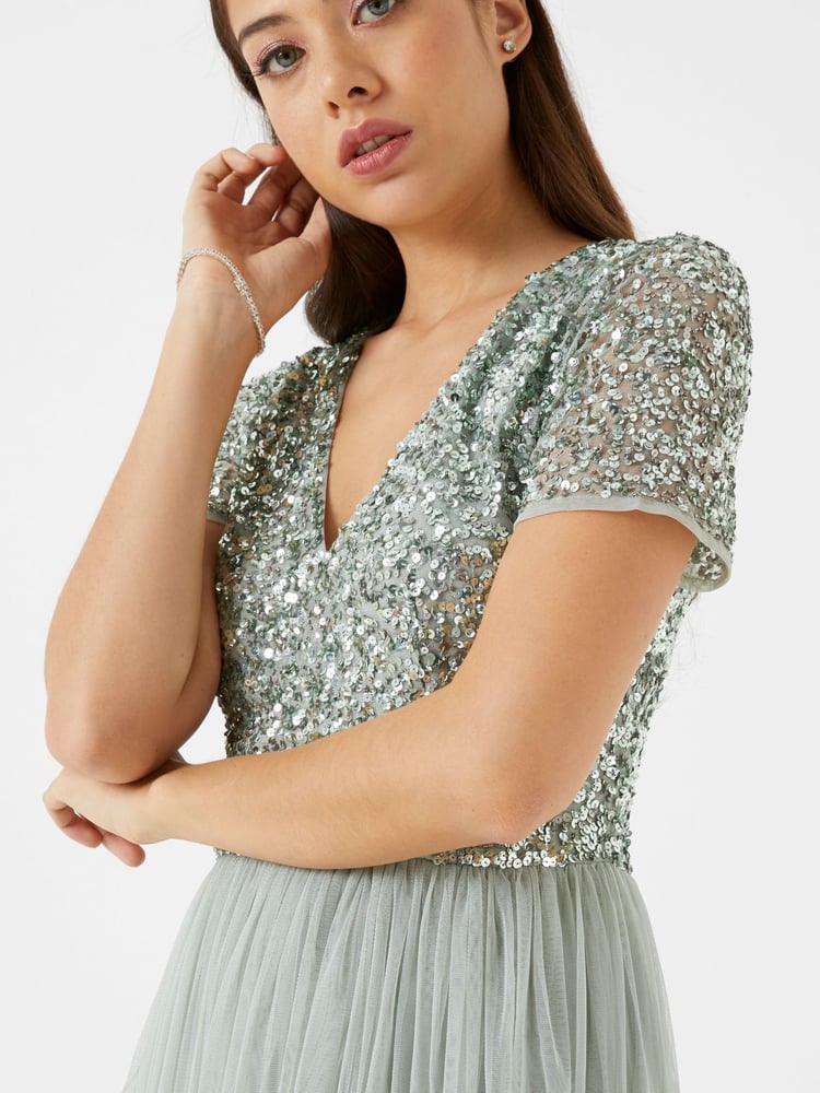 Maya Sage-Green Petite V Neck Short Sleeve Sequin Maxi Dress - Image 4 of 4 Maya Sage-Green Petite V Neck Short Sleeve Sequin Maxi Dress - Image 4 of 4