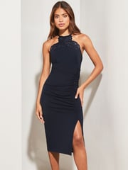 Lipsy Navy Sequin Lace Halter Midi Ruched Dress with Side Split - Image 2 of 4
