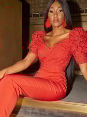 Chi Chi London Red Puff Sleeve Floral Jumpsuit - Image 5 of 5