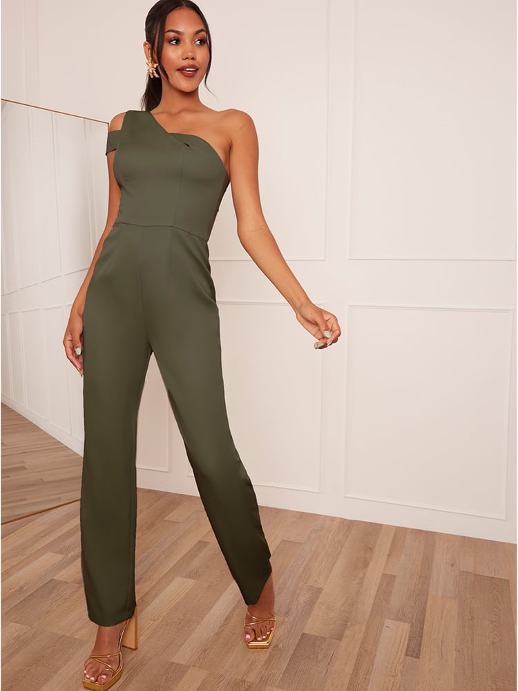 Chi Chi London Green One Shoulder Jumpsuit - Image 1 of 5 Chi Chi London Green One Shoulder Jumpsuit - Image 1 of 5