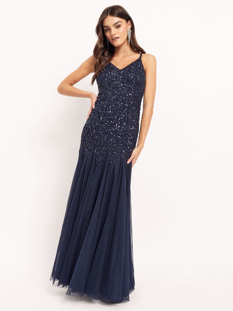 Maya Navy Blue Sequin Fishtail Maxi Dress - Image 2 of 4 Maya Navy Blue Sequin Fishtail Maxi Dress - Image 2 of 4