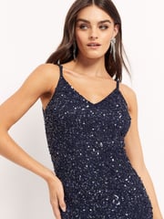 Maya Navy Blue Sequin Fishtail Maxi Dress - Image 3 of 4