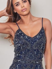Sistaglam Navy Blue Heavy Embellished Sequin and Beaded Cami Maxi Dress - Image 3 of 4