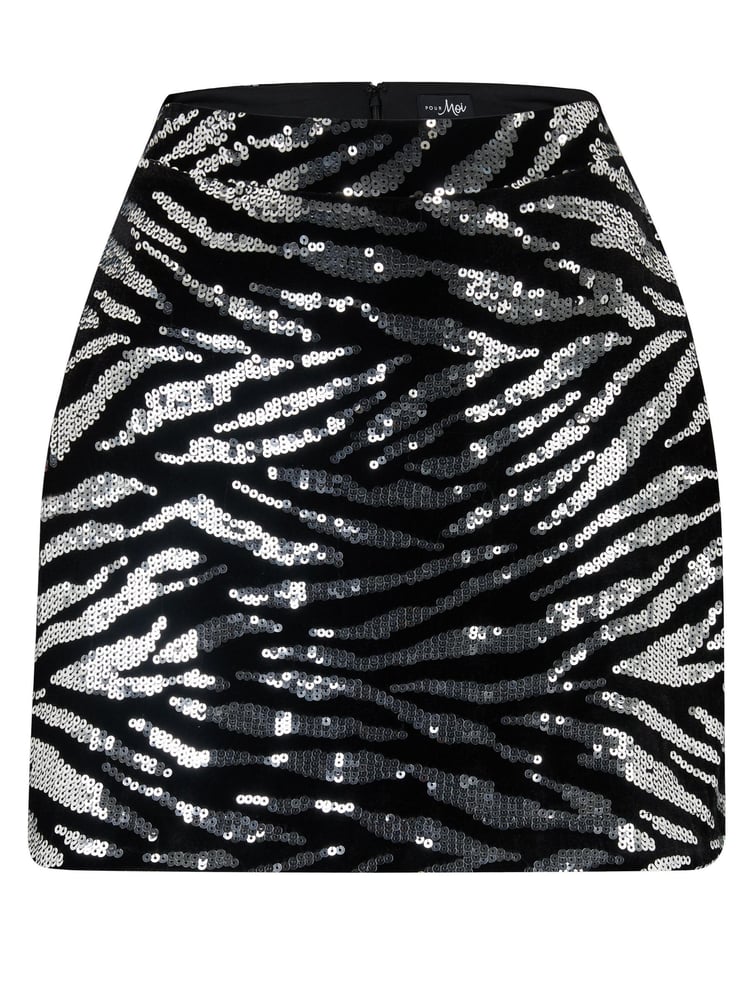 Pour Moi Black Zebra Selena Velvet Sequin Mini Skirt - Image 5 of 5