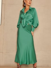 Chi Chi London Green Satin Wrap Midi Skirt - Image 1 of 4