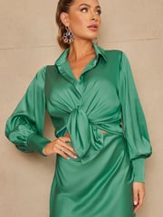 Chi Chi London Green Satin Wrap Midi Skirt - Image 2 of 4