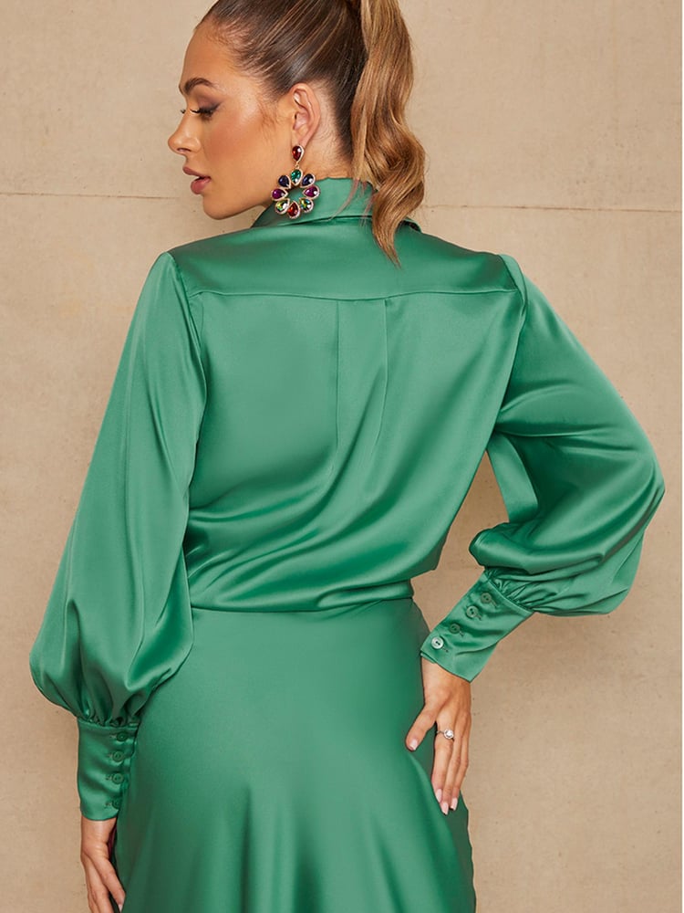 Chi Chi London Green Satin Wrap Midi Skirt - Image 4 of 4