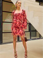 Chi Chi London Red Long Sleeve Corset Style Floral Mini Dress - Image 1 of 5