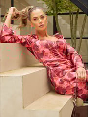 Chi Chi London Red Long Sleeve Corset Style Floral Mini Dress - Image 3 of 5