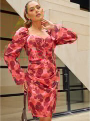 Chi Chi London Red Long Sleeve Corset Style Floral Mini Dress - Image 4 of 5