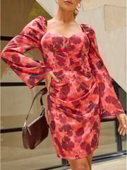 Chi Chi London Red Long Sleeve Corset Style Floral Mini Dress - Image 5 of 5