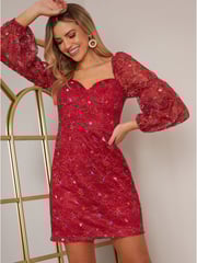 Chi Chi London Red Long Sleeve Floral Lace Mini Dress - Image 3 of 5