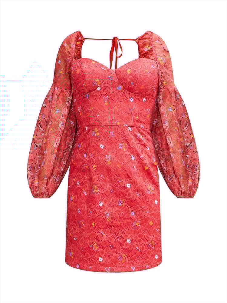 Chi Chi London Red Long Sleeve Floral Lace Mini Dress - Image 5 of 5