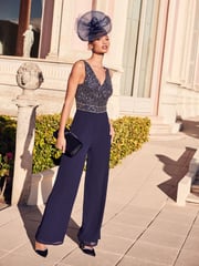 Quiz Navy Blue Sequin Chiffon Wrap Palazzo Jumpsuit - Image 1 of 5